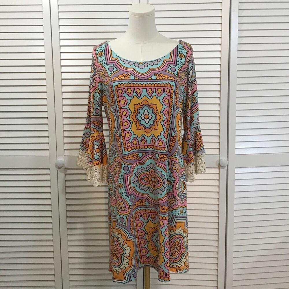 Judith March Retro Boho Paisley Medallion Bell Sleeves Shift Mini Dress L